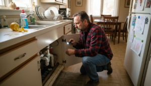 Homeowner inspecting kitchen plumbing under sink