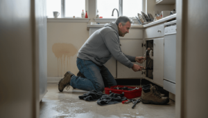 Homeowner shutting off water valve during kitchen flood