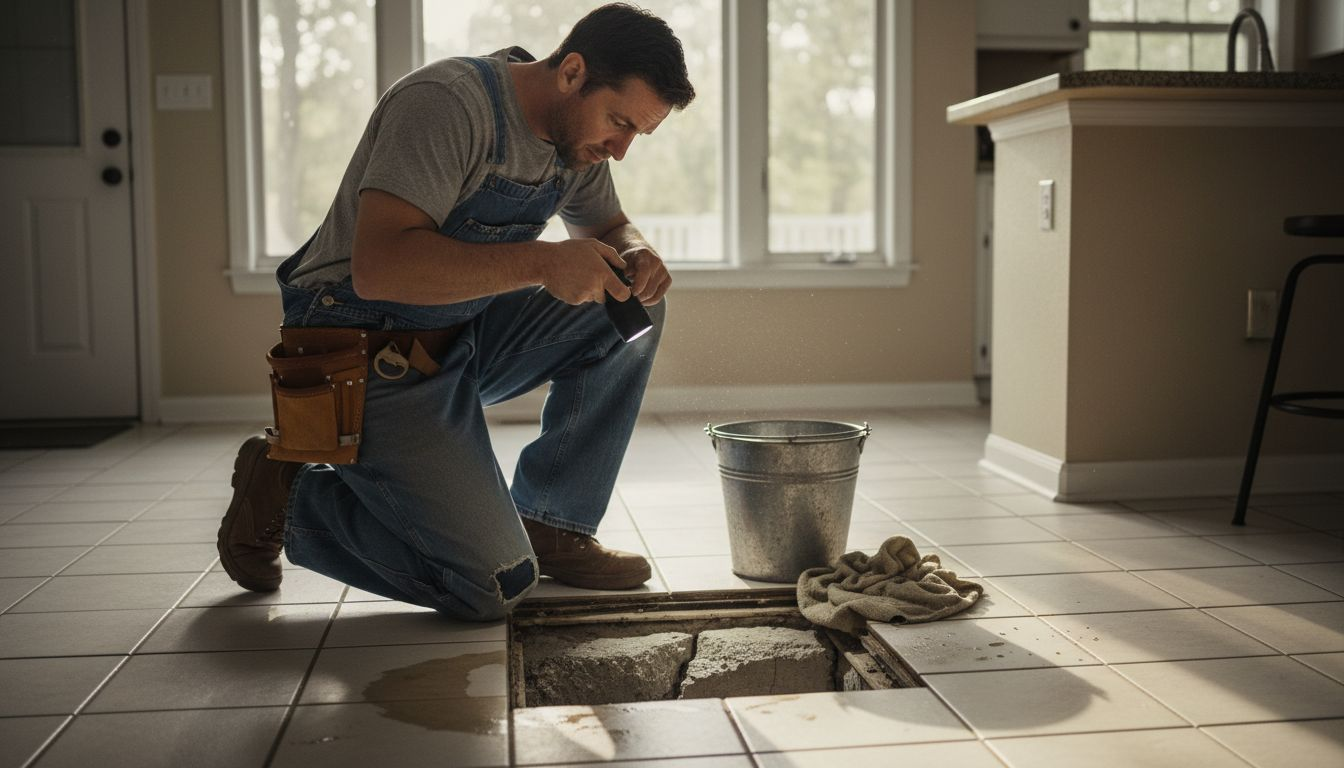 Plumber inspecting slab leak in kitchen floor