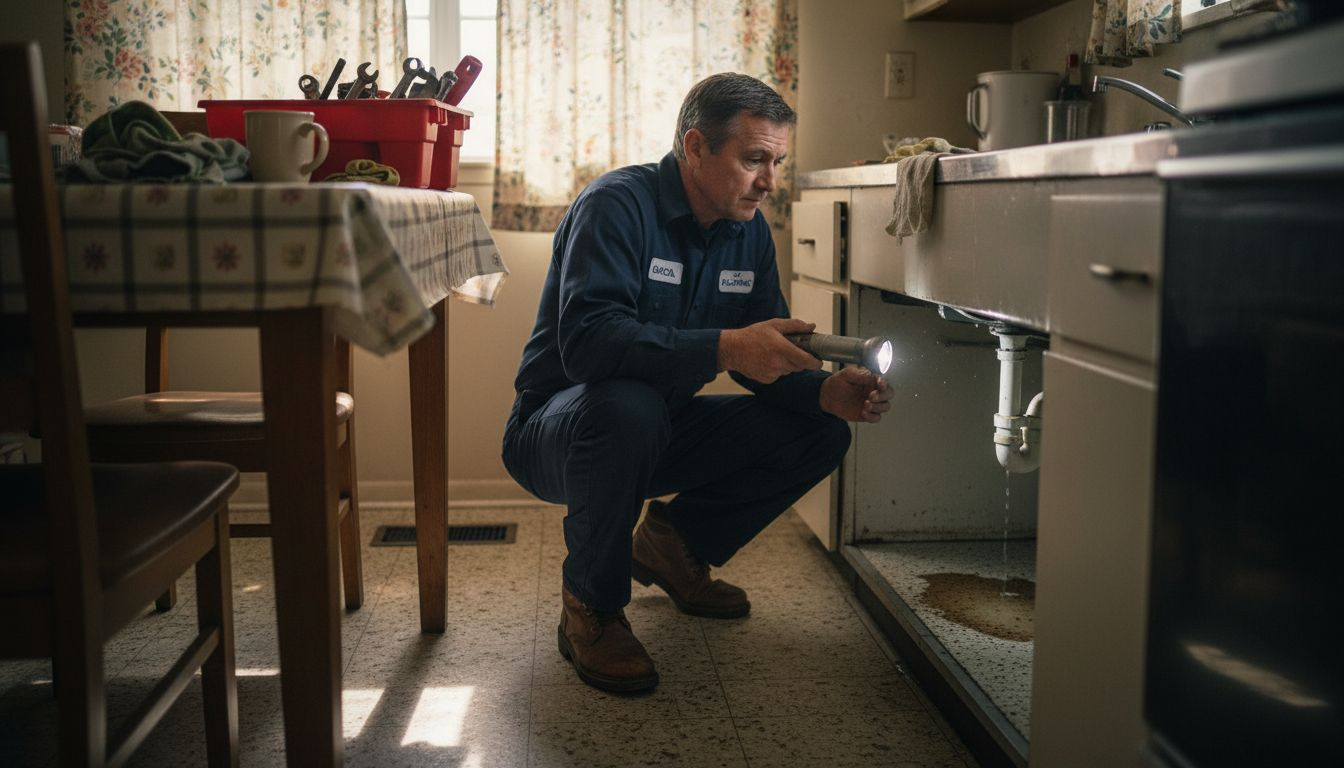 Sacramento plumber inspecting leak under sink