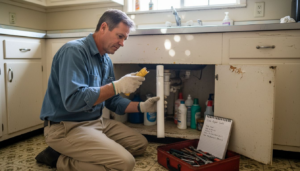 Homeowner assessing old and new plumbing pipes
