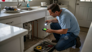 Plumber inspecting pipes under kitchen sink