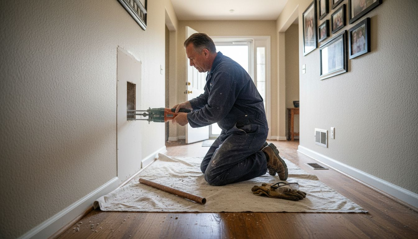 Plumber carefully cutting into drywall for pipes