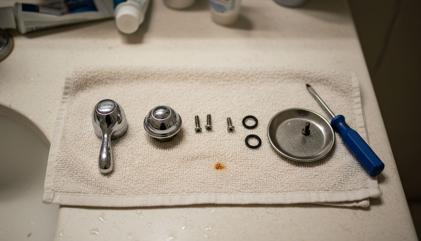 Disassembled faucet parts organized on towel
