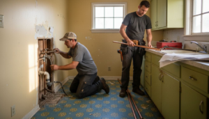 Plumbers preparing repiping job in vintage kitchen